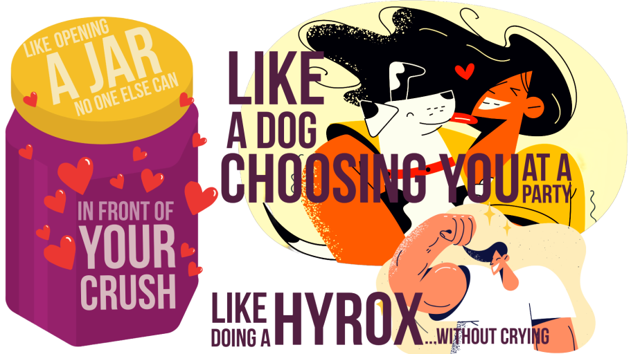 Feel unstoppable graphic A cartoonish jar with hearts and text about love and fitness, featuring a woman with a dog.