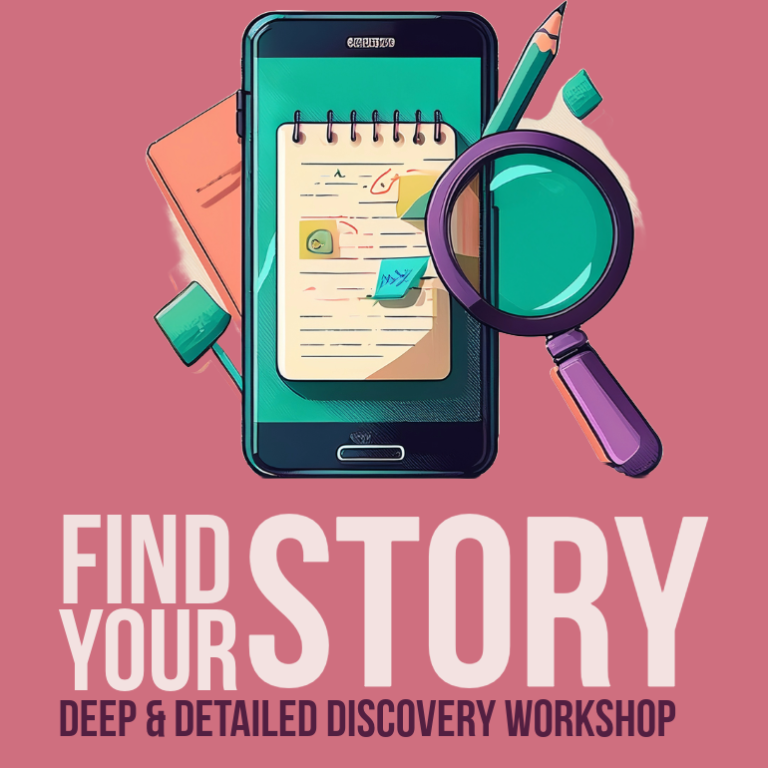 Find your story workshop service graphic Text on a pink background: "Find Your Story" with a magnifying glass and note pad graphic.