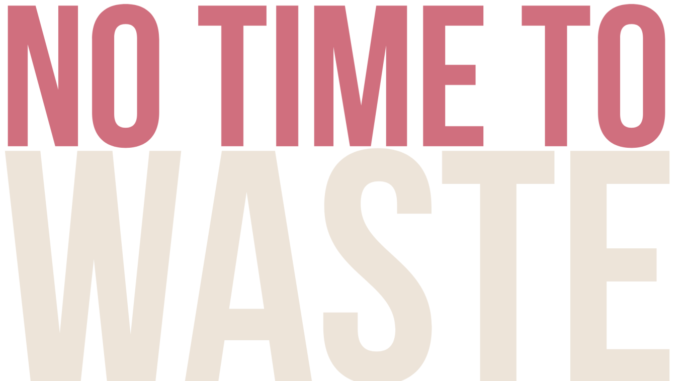 No time to waste graphic Text: "No time to waste" in bold, stylised typography on a deep purple background.